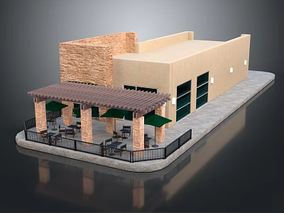 Commercial Building With Beige Walls Stone Wall Section Covered Patio Green Umbrellas And Large Windows 3d model