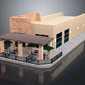 Commercial Building With Beige Walls Stone Wall Section Covered Patio Green Umbrellas And Large Windows