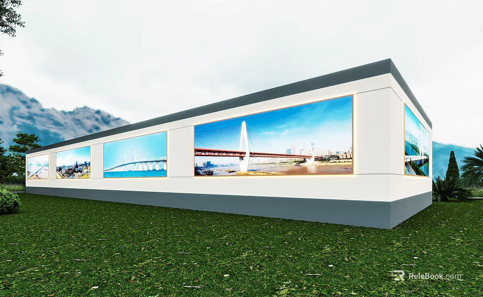 Modern Industrial Factory Building With Large Glass Windows And Scenic Bridge Mountain Views On Green Grass 3d model 