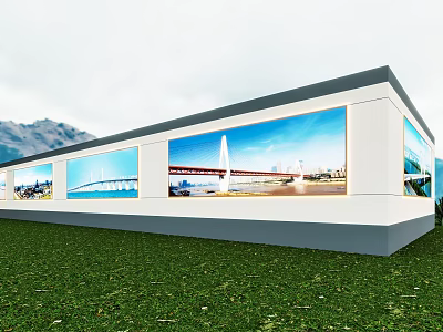 Modern Industrial Factory Building With Large Glass Windows And Scenic Bridge Mountain Views On Green Grass 3d model