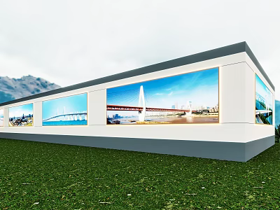 Modern Industrial Factory Building With Large Glass Windows And Scenic Bridge Mountain Views On Green Grass 3d model