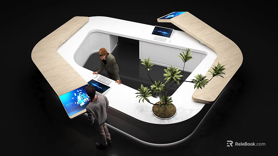 Modern Reception Desk Design With Wooden Counter Touch Screens And Green Plants 3d model 