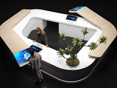 Modern Reception Desk Design With Wooden Counter Touch Screens And Green Plants 3d model