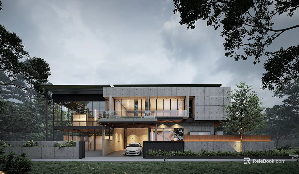 Modern Detached Villa Featuring Large Glass Windows Greenery And Car Parked In Front 3d model 