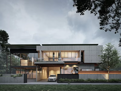 Modern Detached Villa Featuring Large Glass Windows Greenery And Car Parked In Front 3d model