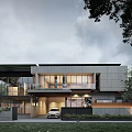 Modern Detached Villa Featuring Large Glass Windows Greenery And Car Parked In Front