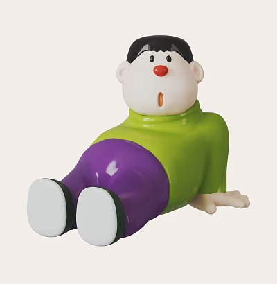 Adorable Doll Featuring Black Hair Red Nose Green Turtleneck And Purple Pants In Lying Position 3d model