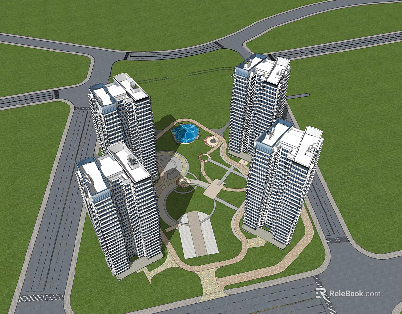 Modern High Rise Residential Complex With Central Green Area And Circular Plaza 3d model 