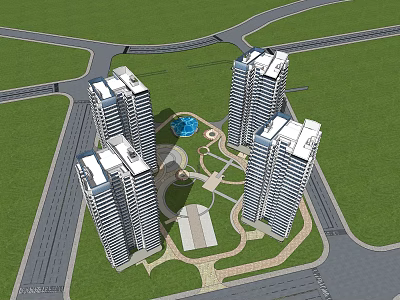 Modern High Rise Residential Complex With Central Green Area And Circular Plaza 3d model