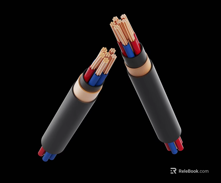 Two Mobile Digital Charging Cables With Black Outer Sheath And Colorful Inner Wires 3d model 