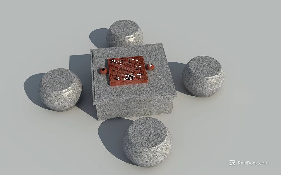 Outdoor Table with Gray Stone Top Red Chessboard and Round Stools 3d model