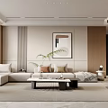 Modern Living Room Interior Design With Beige Sofa Wooden Walls And Decorative Painting