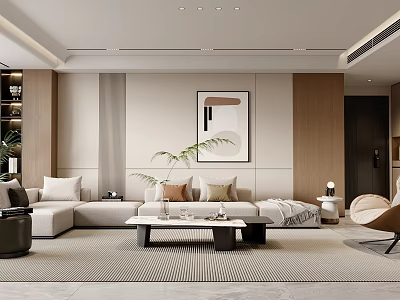Modern Living Room Interior Design With Beige Sofa Wooden Walls And Decorative Painting 3d model
