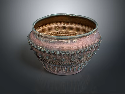 Artistic Ceramic Jar With Copper Colored Textured Surface And Stud Patterns 3d model