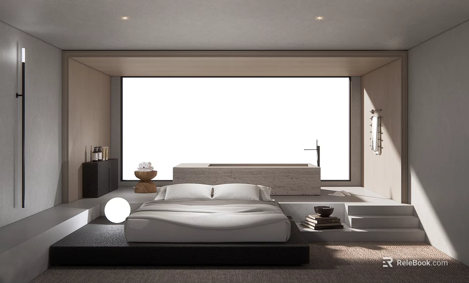 Modern Hotel Room Interior Design With Large Bed And Floor to Ceiling Window 3d model 