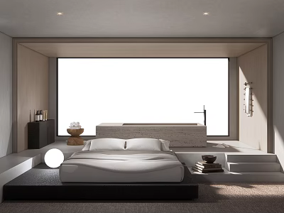 Modern Hotel Room Interior Design With Large Bed And Floor to Ceiling Window 3d model