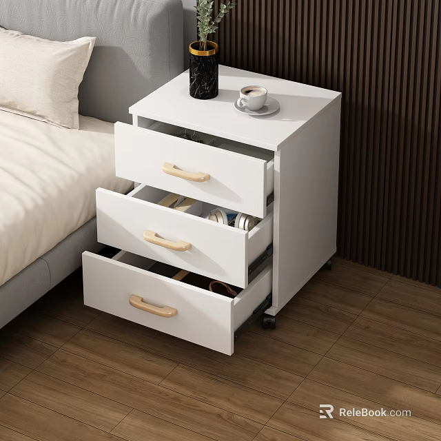 White Nightstand With Three Drawers Wooden Handles Black Bottle White Cup Next To Bed 3d model 