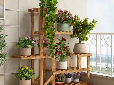 Decorative Wooden Plant Stand with Potted Flowers and Green Vines on Balcony 3d model