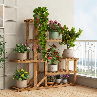 Decorative Wooden Plant Stand with Potted Flowers and Green Vines on Balcony 3d model