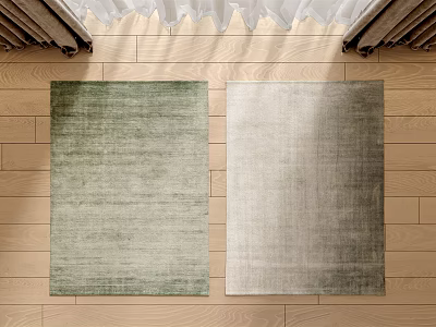 Square Rugs in Green and Gray Tones for Home Interior on Wooden Floor 3d model