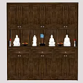 Traditional Carved Wooden Buddhist Shrine Cabinet With Buddha Statues Fruits And Candles