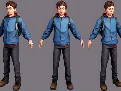 3D Game and Movie Character Wearing Blue Hoodie Black Pants Brown Shoes from Three Angles 3d model