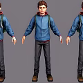 3D Game and Movie Character Wearing Blue Hoodie Black Pants Brown Shoes from Three Angles