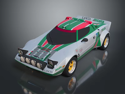 Vintage Lanca Alitalia Racing Car White With Green Red Stripes Multiple Round Headlights Yellow Wheels 3d model