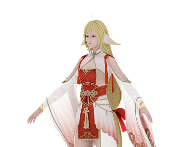 Elf Character With Long Blonde Hair And Pointed Ears In Red And White Traditional Outfit 3d model