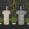 Natural Stone Washbasins With Green Plants And Dark Wall Background 3d model