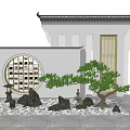 Chinese Style Courtyard Garden With White Walls Black Tiles Round Lattice Window And Pine Tree