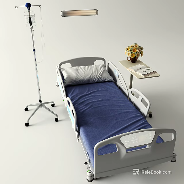 Medical Hospital Bed With IV Stand And Bedside Table For Patient Care 3d model 