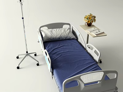 Medical Hospital Bed With IV Stand And Bedside Table For Patient Care 3d model