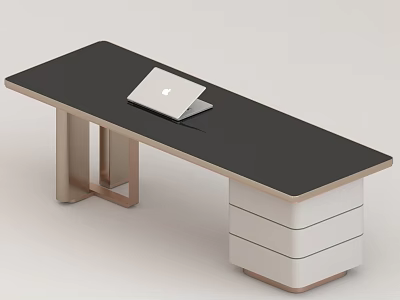 Modern Minimalist Office Desk With Black Desktop White Drawers And Laptop 3d model