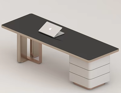Modern Minimalist Office Desk With Black Desktop White Drawers And Laptop 3d model