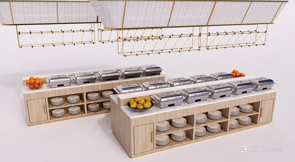 Wooden Bar Counter Setup With Chafing Dishes Fresh Fruits And Shelf Compartments 3d model 