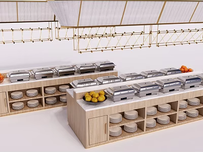 Wooden Bar Counter Setup With Chafing Dishes Fresh Fruits And Shelf Compartments 3d model