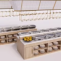 Wooden Bar Counter Setup With Chafing Dishes Fresh Fruits And Shelf Compartments