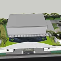 Modern Sales Office Building Exterior Design With Glass Door Entrance And Surrounding Trees