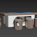 Modern Wooden Table with Two Windows Screens and Round Stools Set Design 3d model
