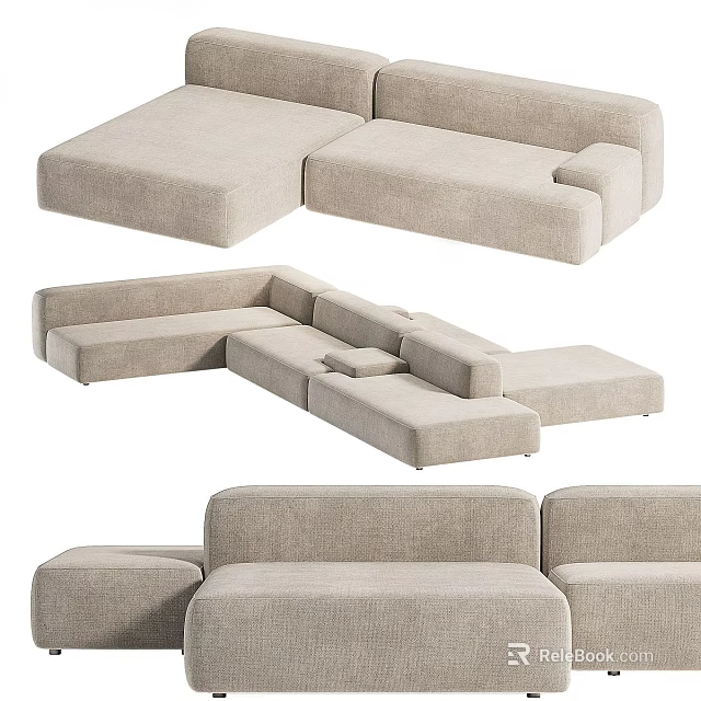 Beige Linen Fabric Modern Modular Sectional Sofa With Comfortable Multi Seat Design 3d model 