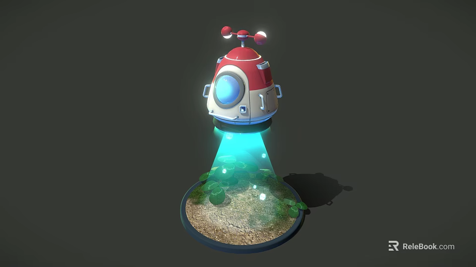 Red And White Small Airplane With Circular Window Blue Light And Green Plants On Ground 3d model 
