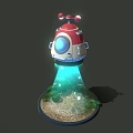 Red And White Small Airplane With Circular Window Blue Light And Green Plants On Ground