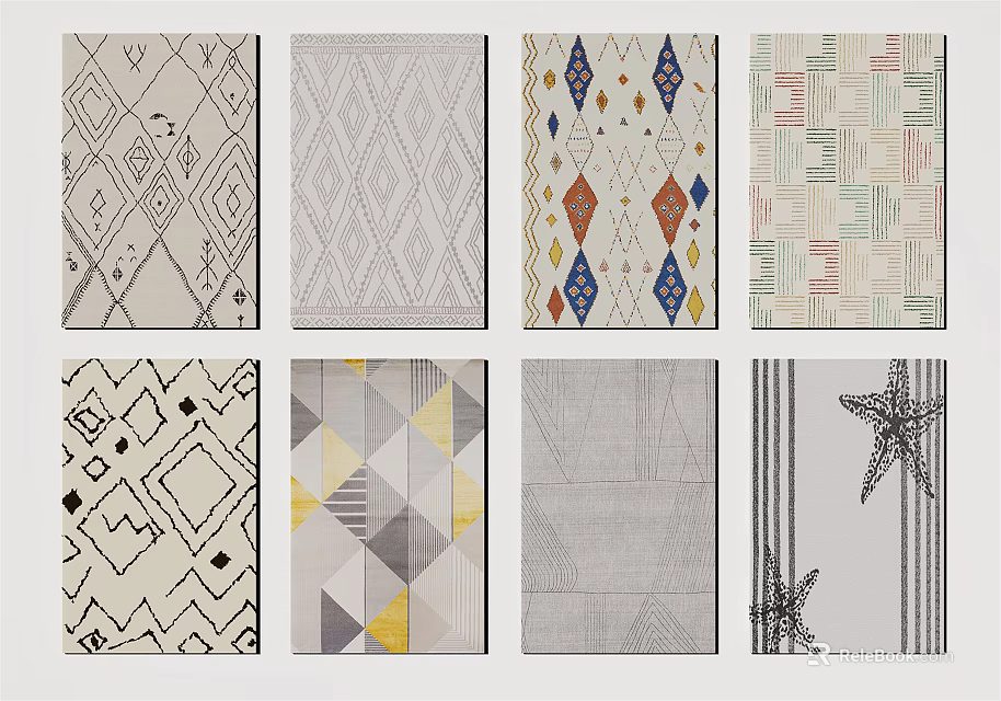 Stylish Square Rugs With Various Geometric Colorful And Starfish Design Patterns 3d model