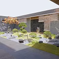 Rockery Stones In Japanese Garden Courtyard With Green Plants Pebble Path And Stone Lantern