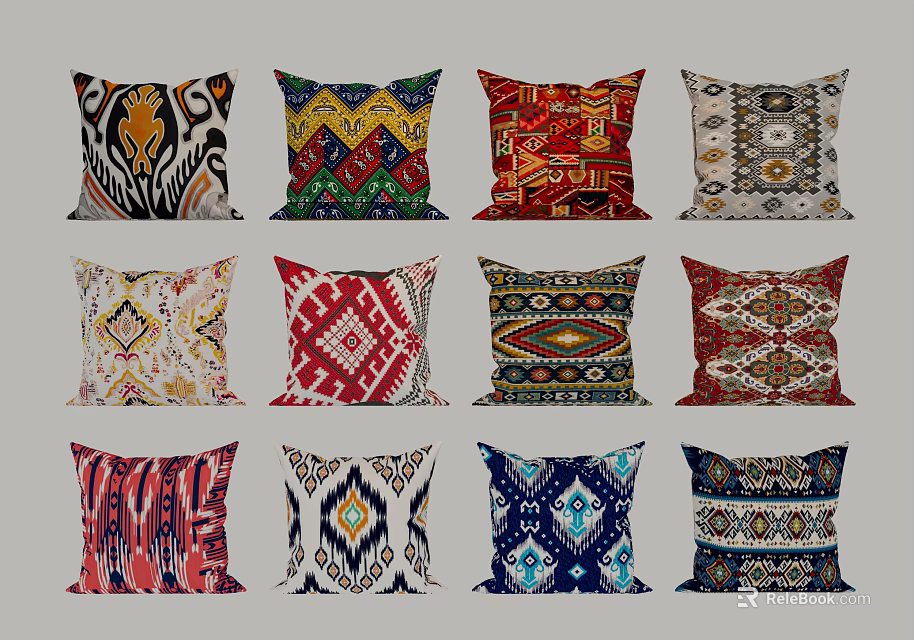 Colorful Decorative Pillows With Various Ethnic And Geometric Pattern Designs 3d model