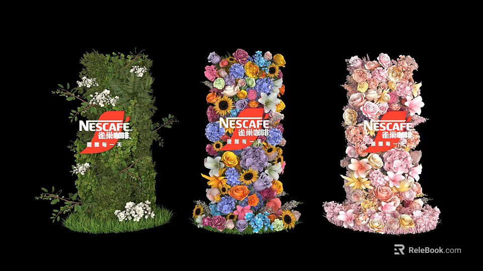 Nescafe Themed Floral Installation With Greenery Wall Colorful Flowers And Pink Florals 3d model 