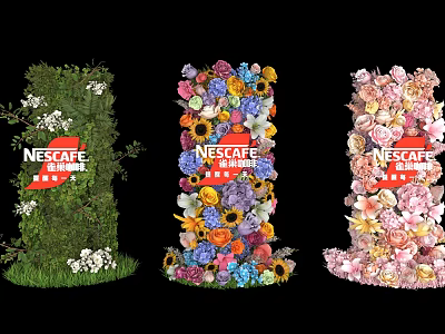 Nescafe Themed Floral Installation With Greenery Wall Colorful Flowers And Pink Florals 3d model