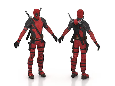 Deadpool Game Movie Character Front and Back Views Red Black Costume With Katanas On Back 3d model