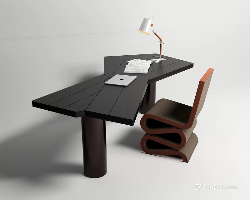 Modern Black Angular Desk With Table Lamp Keyboard Tablet And Curved Chair 3d model